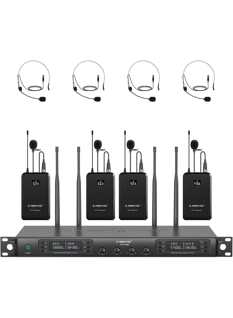 Phenyx Pro 4-Channel UHF Wireless Microphone System with 4 Bodypack Headset Lapel Mics Auto Scan Cordless Mic 328ft Range for Church DJ Meetings Singing PTU-7000-4B - Image 1